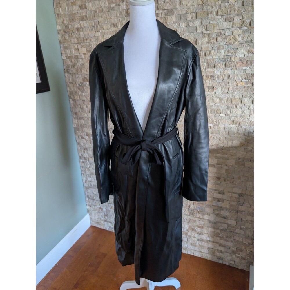 Women's 90s Inspired Black Faux Leather Tie Waist Long Trench Coat Duster Size S